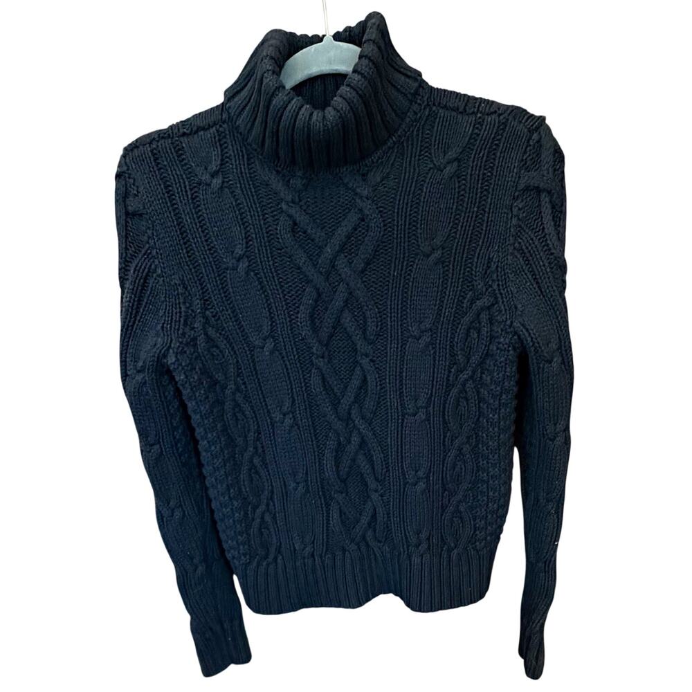 Lands' End Women Sweater M Black Cable Chinky Knit Turtleneck Cotton Fisherman